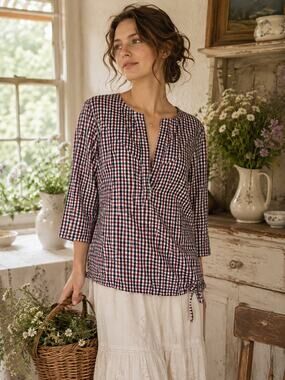 Sunhee Moon Gingham Peasant Blouse Side Tie Boho Cottagecore Size 1 or US Small